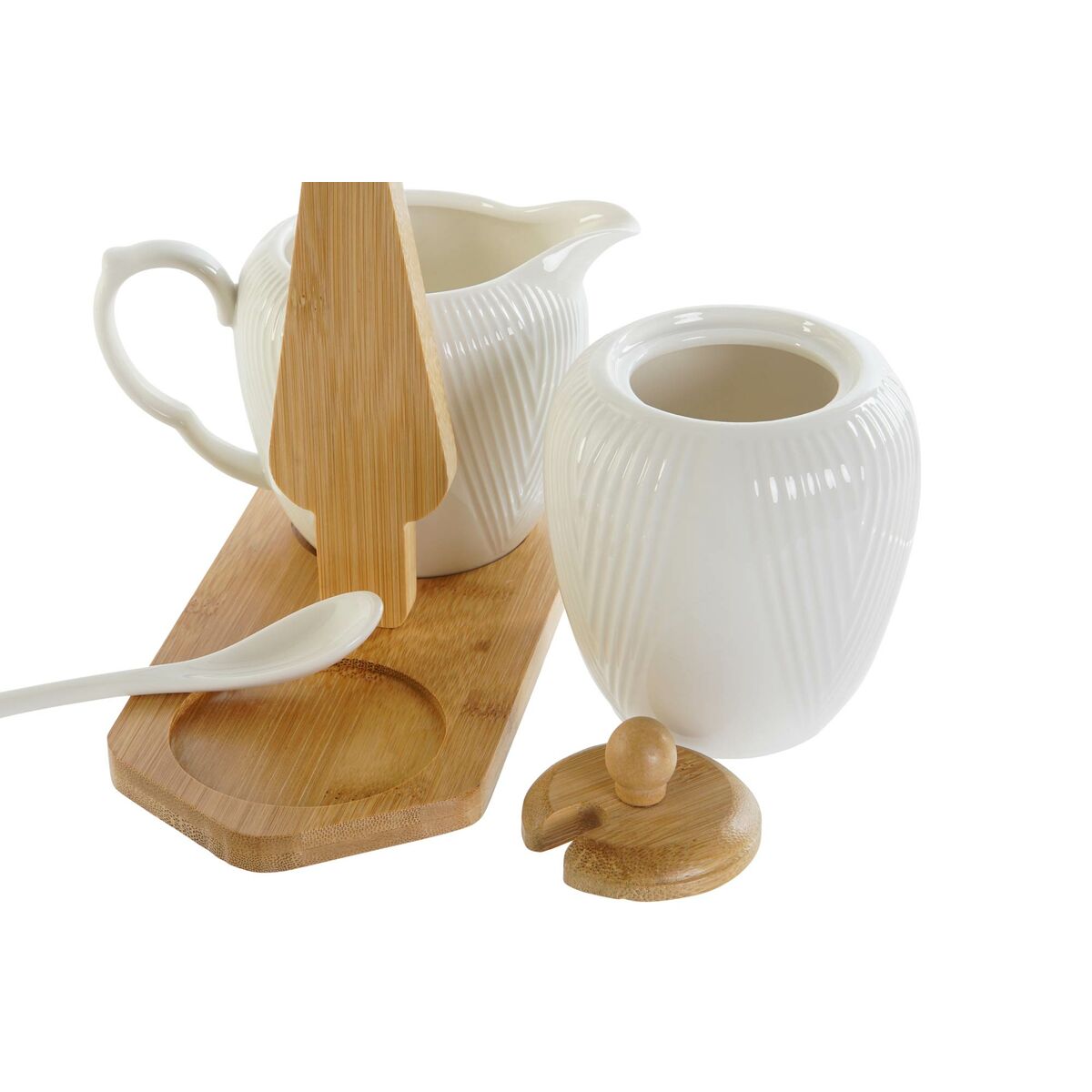 Melk- en Suikerpot DKD Home Decor Wit Natuurlijk Bamboe Porselein 19,5 x 9 x 17 cm