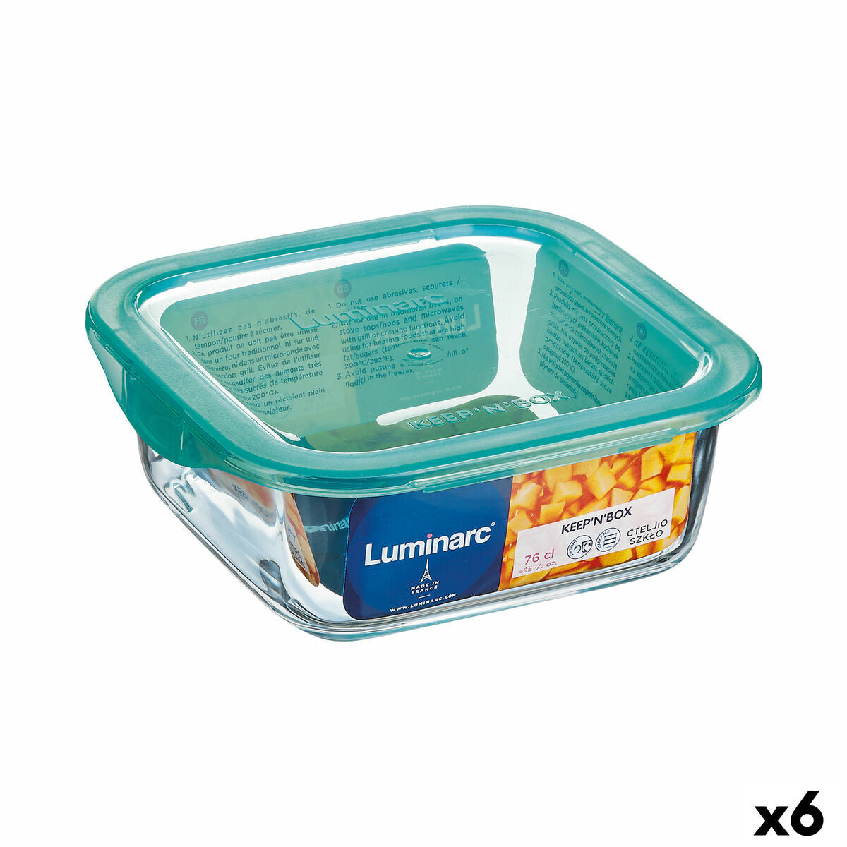 Vierkante Lunchtrommel met Deksel Luminarc Keep'n Lagon 10 x 5,4 cm Turkoois 380 ml Tweekleurig Glas (6 Stuks)
