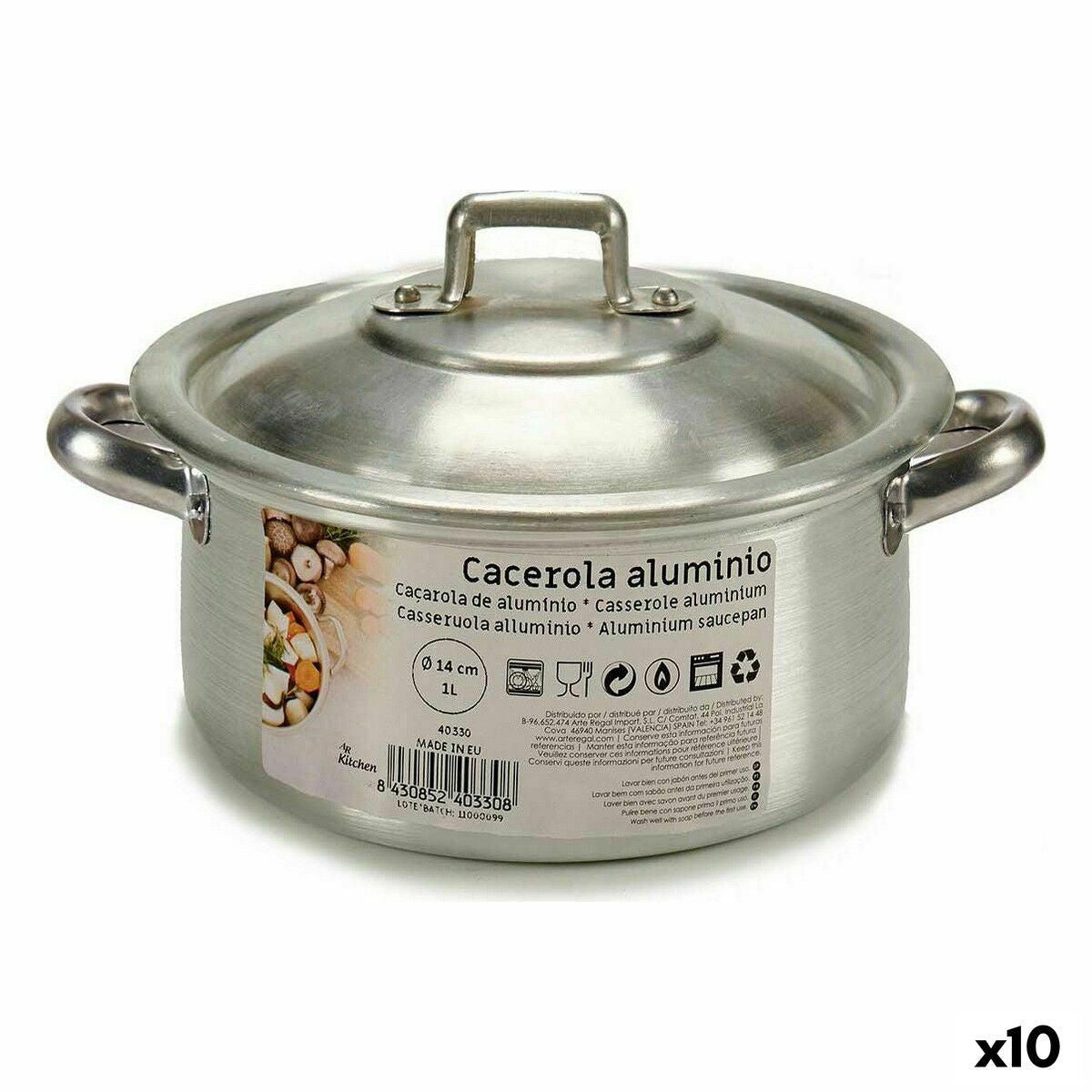 Kookpot met Deksel Ø 14 cm Zilverkleurig Aluminium 1 L (10 Stuks)