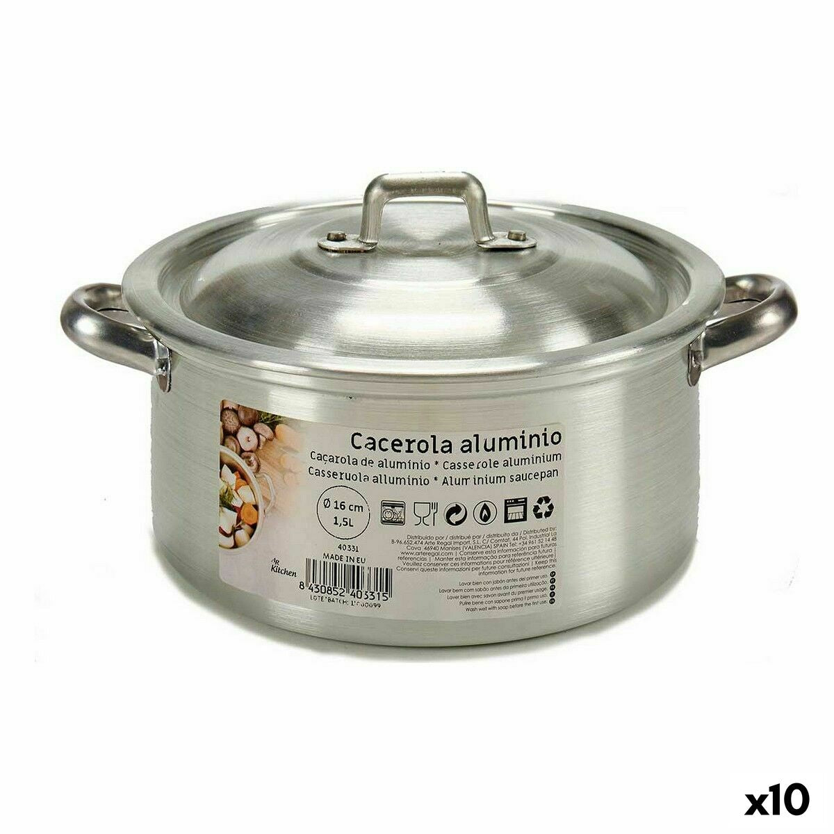 Kookpot met Deksel Zilverkleurig Aluminium 1,5 L 18 x 10 x 23,5 cm (10 Stuks)