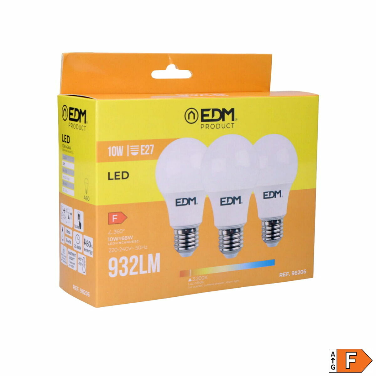 Pack of 3 LED bulbs EDM F 10 W E27 810 Lm Ø 6 x 10,8 cm (3200 K)